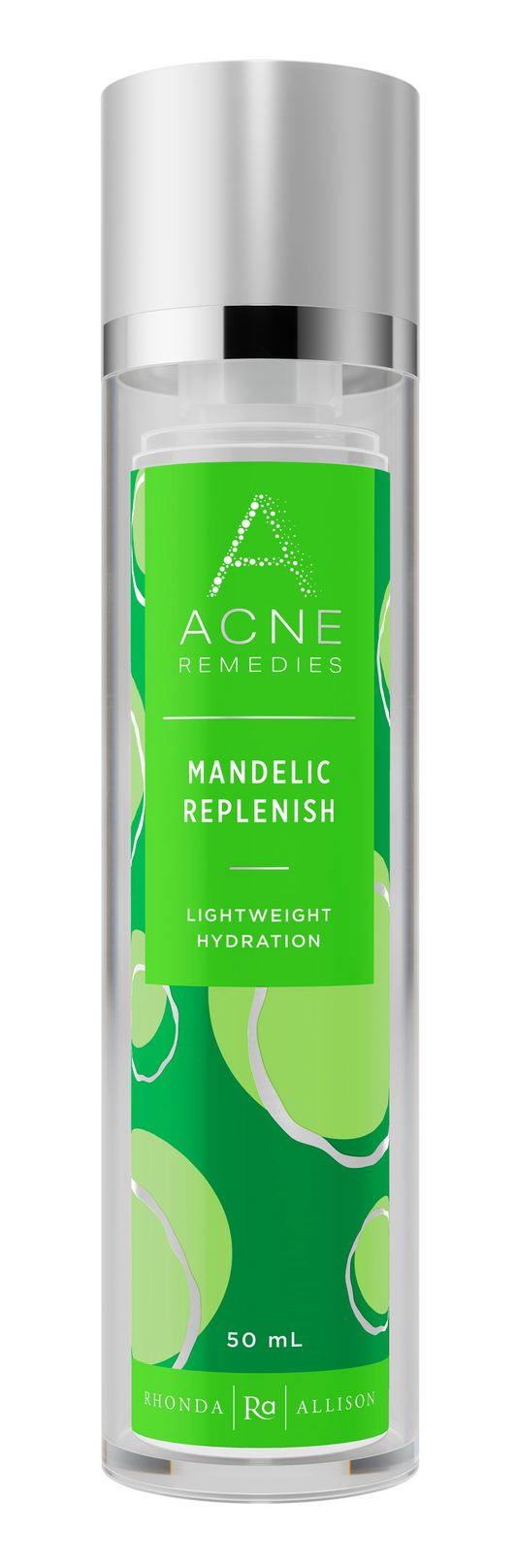 A pump bottle of Mandelic Replenish, a 50 mL acne skincare product with green and white labeling.
